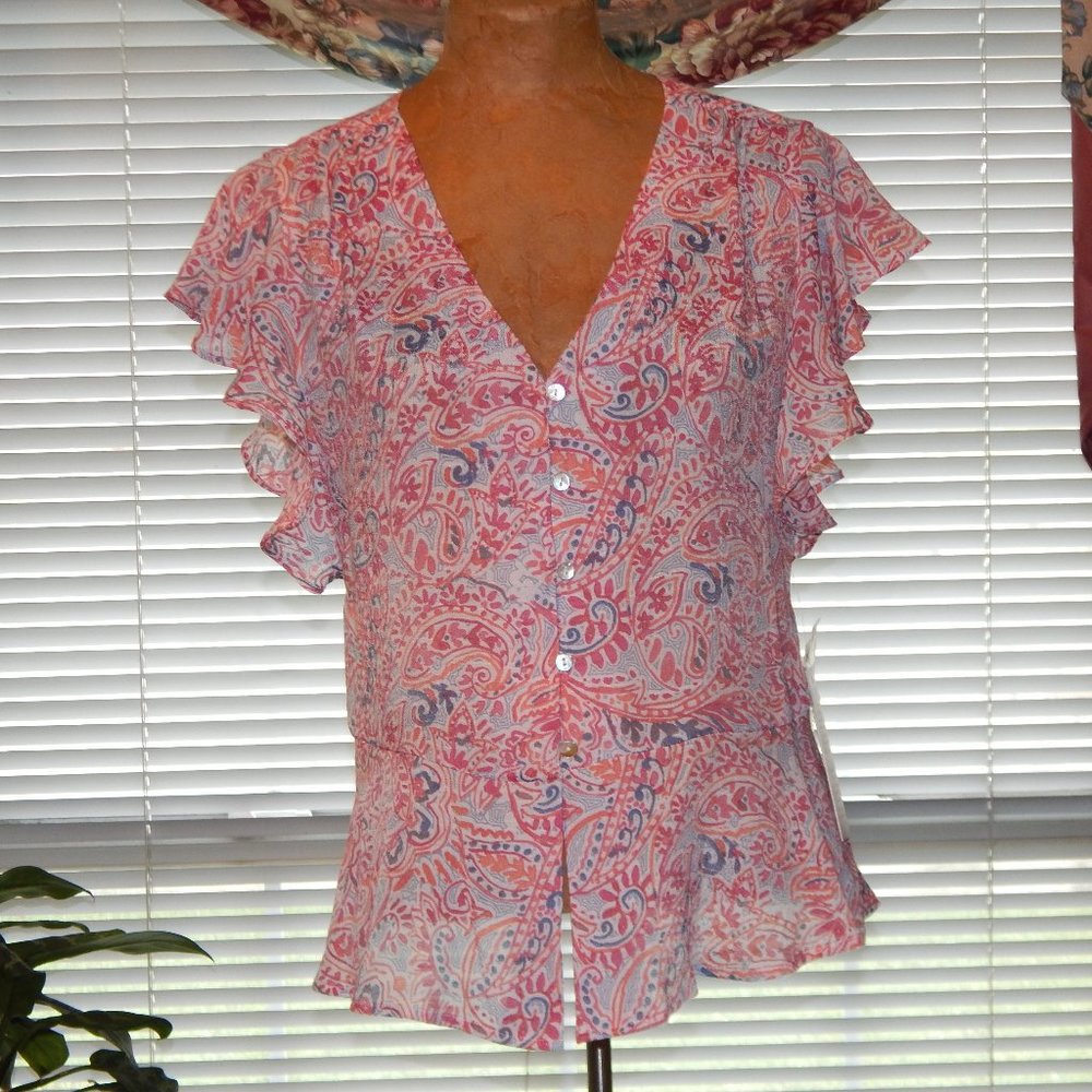 NANETTE LEPORE Magenta Print Cap Sleeve Blouse S 6